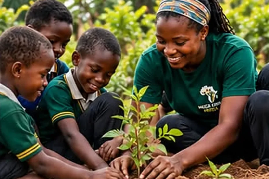 Children and a Huza Hope Africa volunteer planting trees